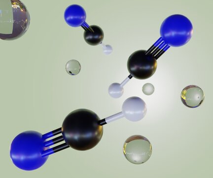 Cyanide can be a colorless liquid, such as hydrogen cyanide (HCN), cyanogen chloride, sodium cyanide (NaCN) or potassium cyanide (KCN). molecule structure and clear droplets 3d rendering