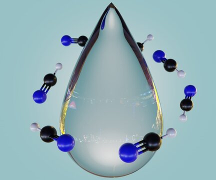 Cyanide can be a colorless liquid, such as hydrogen cyanide (HCN), cyanogen chloride, sodium cyanide (NaCN) or potassium cyanide (KCN). molecule structure and clear droplets 3d rendering