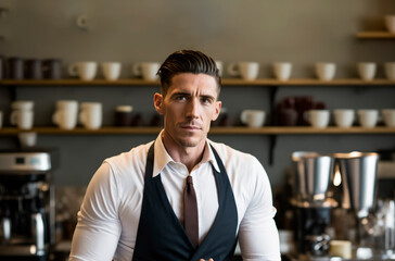 Obraz premium Waiter posing in a bar. In front of the cafe-bar. generate by ai