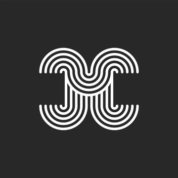 Letter M logo rounded form design, thin parallel lines geometric pattern, linear typography mark.