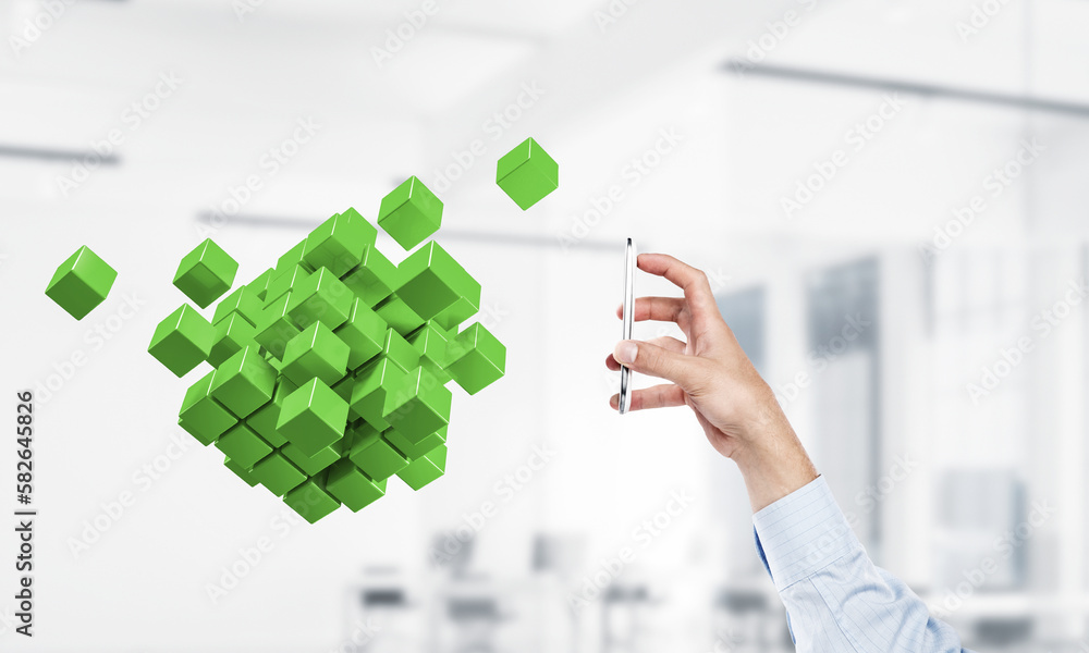 Fototapete integrating new technologies concept with cube figure floating in air. mixed media