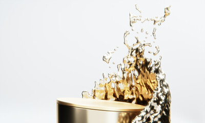 the product display stand and gold water splashing on background.