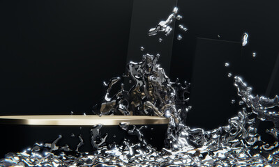 black podium and water splashing on white background.3D rendering