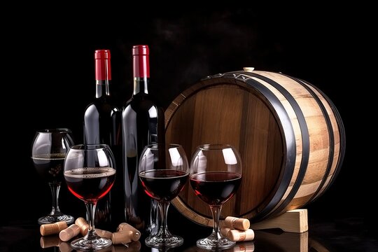 Ambience of Luxury. Red Wine Bottle and Glass on Table black Background