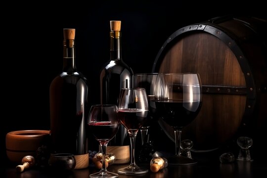 Ambience of Luxury. Red Wine Bottle and Glass on Table black Background