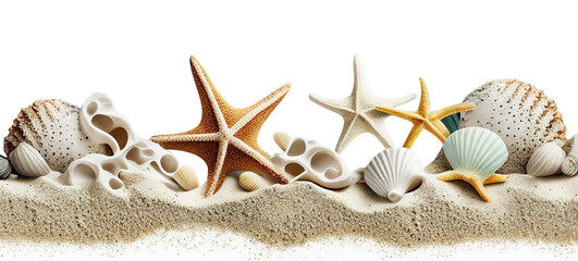 Fototapeta na wymiar Seashells and starfish on the sand. isolated on blank background PNG