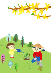 Obraz na płótnie Canvas family planting in the park in spring