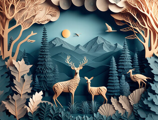 Paper art , jungle or forest with Christmas tree, mountain, deer, birds, wallpaper background