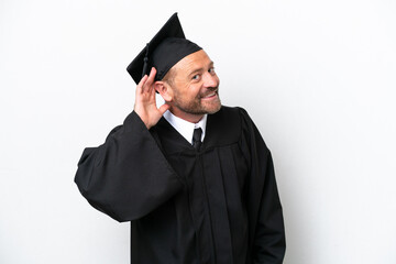 Middle age university graduate man isolated on white background listening to something by putting hand on the ear