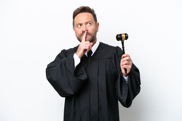 Naklejka premium Middle age judge man isolated on white background having doubts while looking up