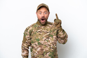 Military man isolated on white background thinking an idea pointing the finger up