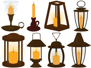 Collection of thin and thick wax candles, cadlesticks, lamps and lanterns vector illustration