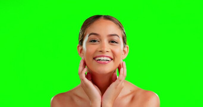 Beauty, skincare and smile with woman in studio for cosmetics, satisfaction and self care. Happy, glow and natural with portrait of model on green screen background for treatment, clean and facial