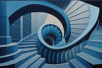Abstract space with stairs and curved shapes in blue