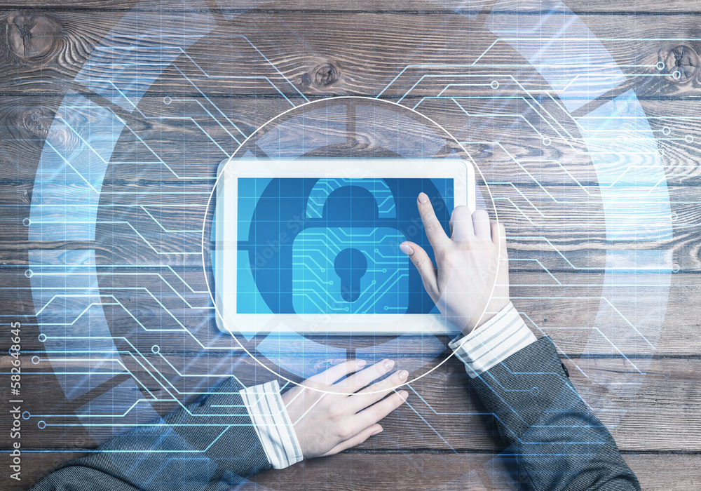 Poster concept of computer access with media lock icon on tablet screen
