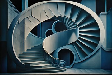 Abstract space with stairs and curved shapes in blue