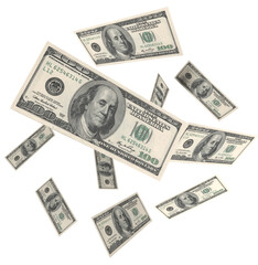 Money dollar banknotes falling from above. Bingo jackpot on casino poker or win element. Money spending, cashless society concept. 3D rendering