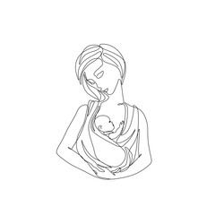 Mom and baby in a sling, continuous line drawing, print for clothes and logo design, small tattoo, emblem or logo design, isolated vector illustration.