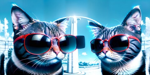 Photo of two cats wearing stylish sunglasses in red and black