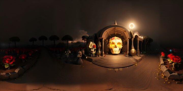 Photo of a digital painting of a skull in a spooky cemetery setting