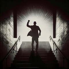 Businessman Silhouette Celebrating Success on Stairs with Overhead Sunlight: A Symbol of Leadership, Achievement, and Growth towards Goals and Objectives
