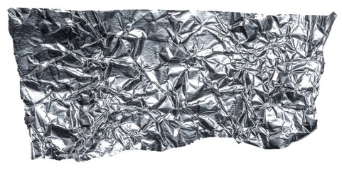 Close-up of a single piece of silver metallic crumpled and wrinkled aluminum foil