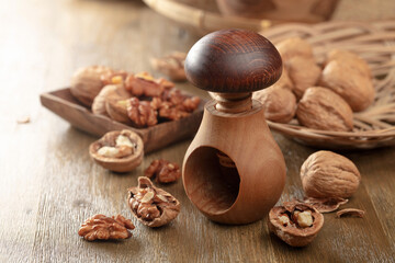 Walnuts on a wooden table.