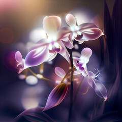 : A young orchid in light purple tones:: holy light spectral light flowers , the petals are flashing gray light, background gray, light, reflection, ai illustrations, ai generative