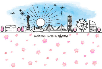 手書きの横浜の観光地の街並みスカイラインと桜