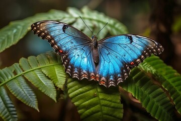 Metallic Blue Morpho Butterfly Perched on Fern, Generative AI