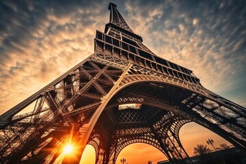Eiffel Tower at Sunset: Iconic Parisian Monument against a Stunning Sky, Generative AI
