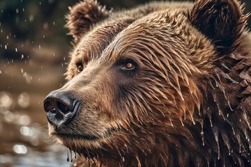Wet Snout and Fur of a Grizzly Bear, Close-Up Generative AI