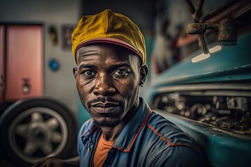 Obraz na płótnie Canvas Portrait, adult man as a mechanic, workshop on background, Ai Generative