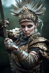 Portrait of an ancient female viking warrior with blonde hair, metal and leather armor stained with mud and blood. Fantasy wallpaper, cover design and poster created with Generative AI