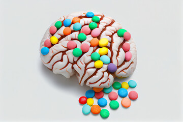 Human brain made of sweets on a white background. AI generated.