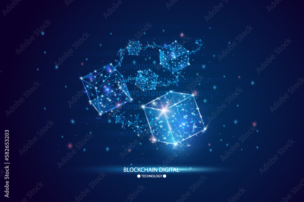 Aufkleber blockchain digital technology. blockchain cube chain symbol on square code big data flow information