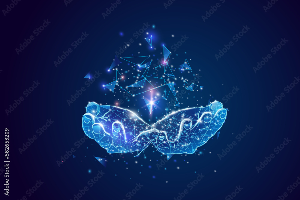 Poster abstract giving hand. low poly style design. wireframe light connection structure. isolated vector i