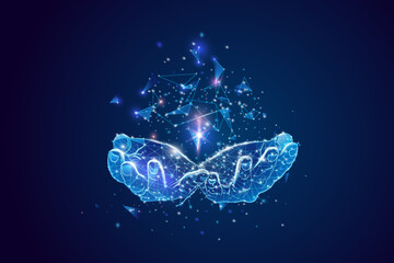 Abstract giving hand. Low poly style design. Wireframe light connection structure. Isolated vector illustration.