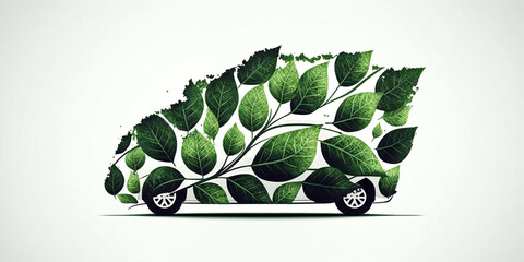 grünes Auto aus Pflanzen vor weißen Hintergrund, generative AI - obrazy, fototapety, plakaty
