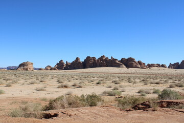 Beautiful daytime view of Al-Hegra (Madain Saleh) archaeological site in Al-Ula, Saudi Arabia.