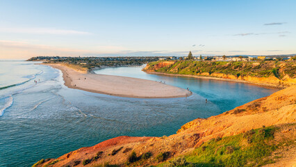 Serene view of the Onkaparinga River mouth in South Port at sunset, Port Noarlunga, South Australia