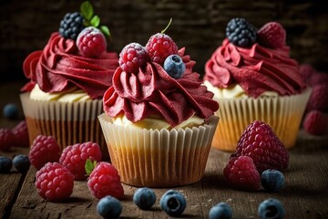 Cupcakes with red frosting and blueberries on a wooden table. Generative Ai