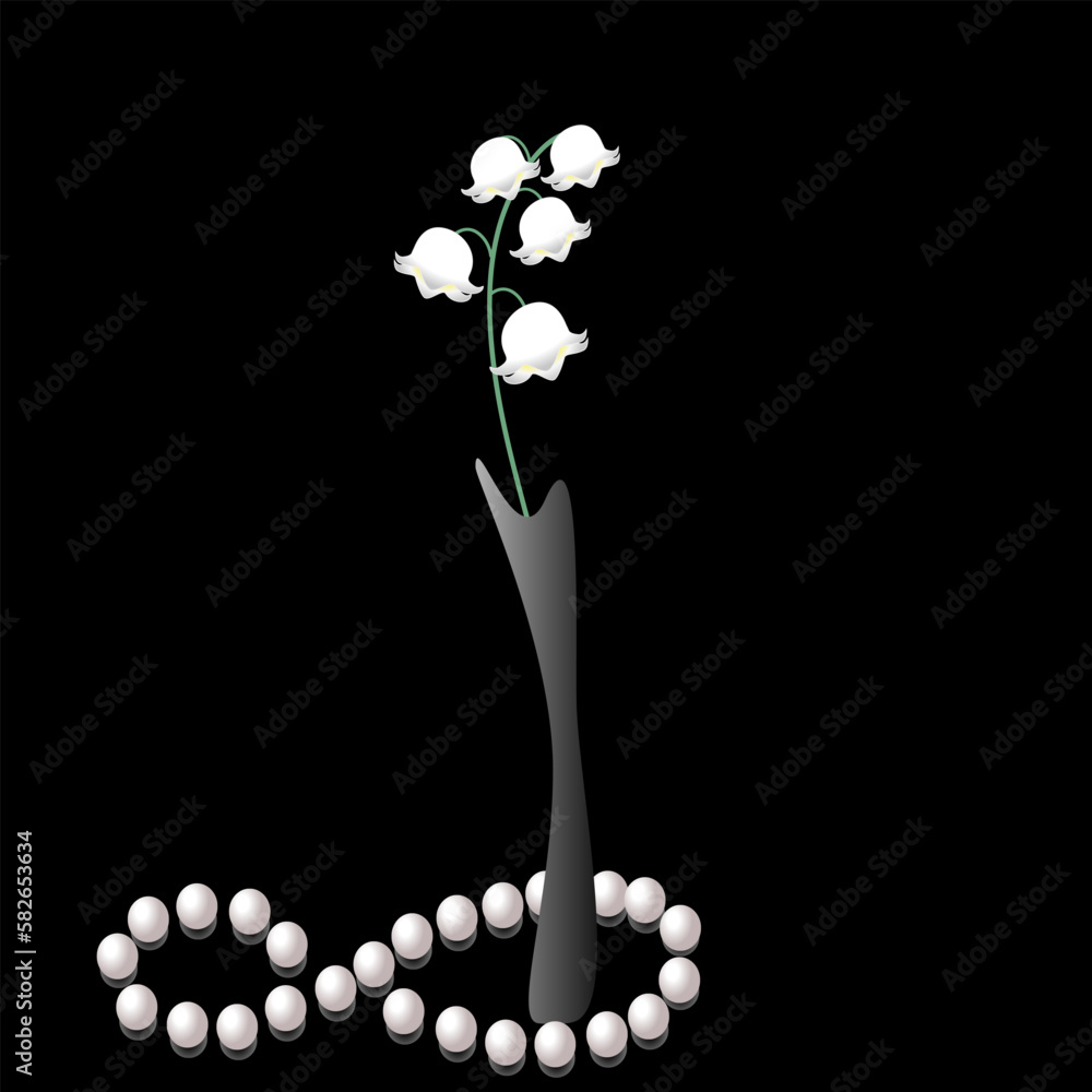 Canvas Prints lily of the valley in a vase on a black background with pearls.