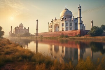 Fototapeta na wymiar Serene Sunset Reflections of Taj Mahal over Yamuna River, Generative AI