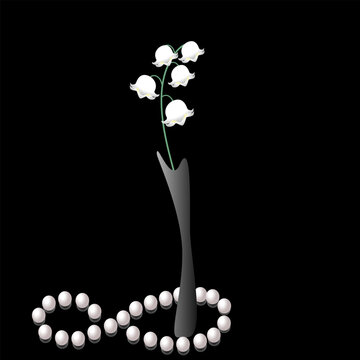 Lily of the valley in a vase on a black background with pearls.