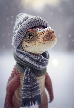 Cute baby dinosaur in a winter hat and scarf on the background of a winter landscape. AI generated.