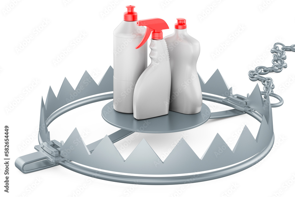 Poster detergent, cleaning products inside bear trap. 3d rendering