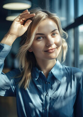 Fototapeta premium Business situation visualized with a female CEO in a big city office environment