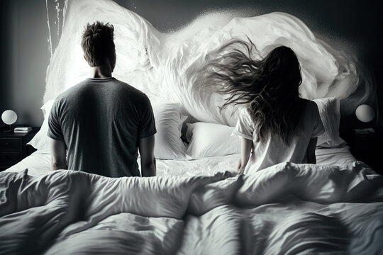 Couple Getting Out Of Messy Bed Sheets Back View, Created With Generative AI Technology