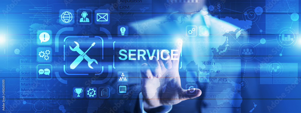 Aufkleber Service support customer help call center Business technology button on virtual screen.